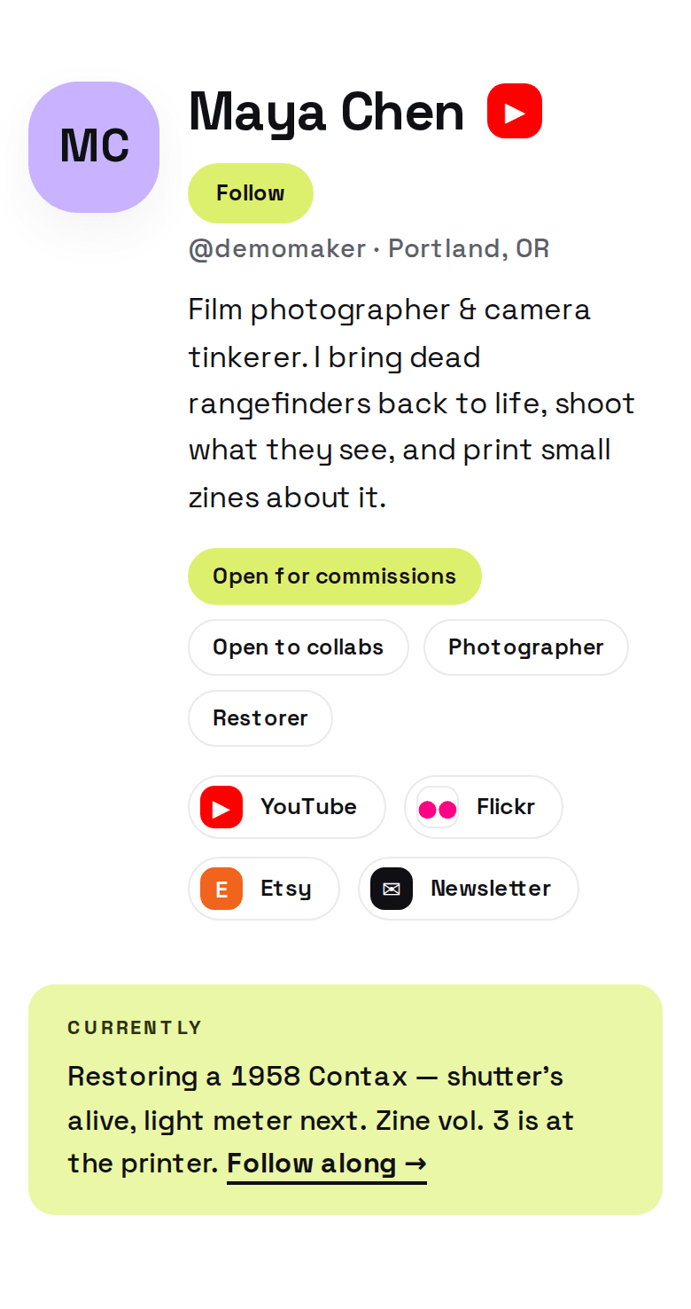 A MakerID profile on a phone: name, bio, availability chips and a Currently line